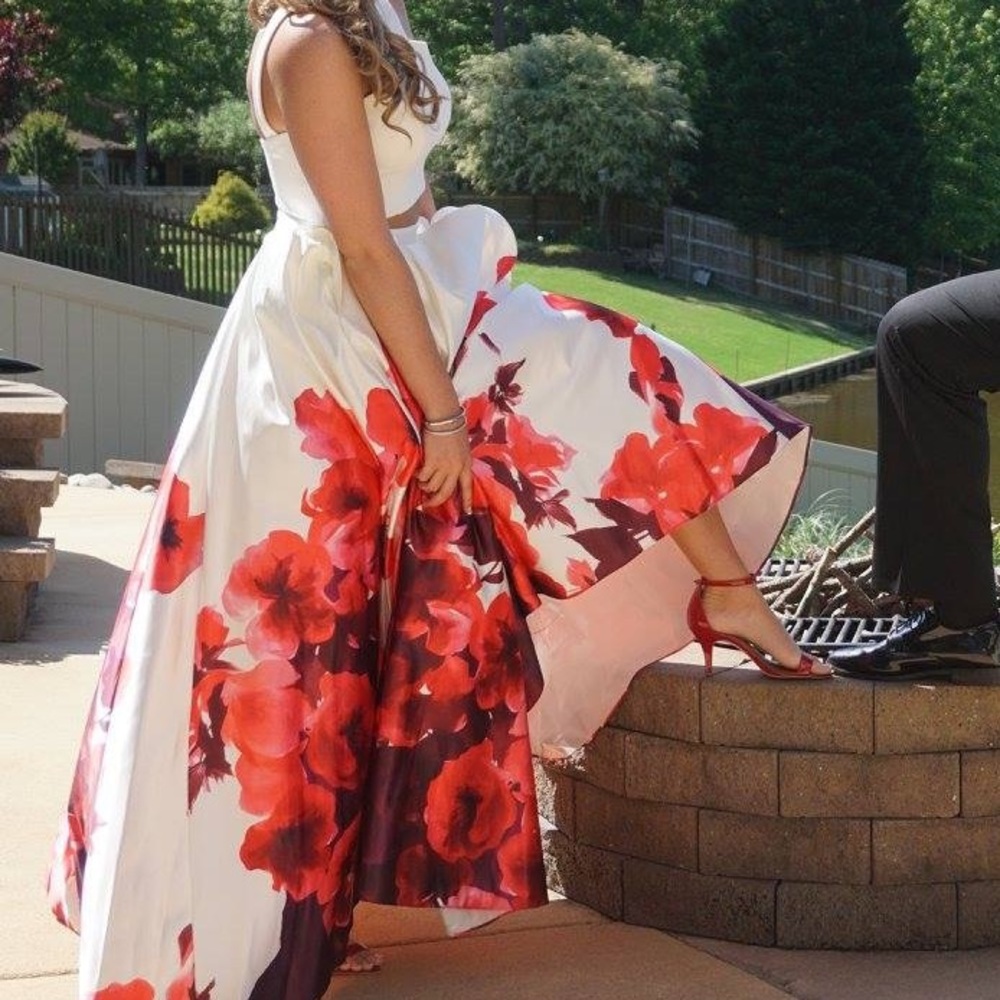 Jovani 2 piece white and red floral prom dress